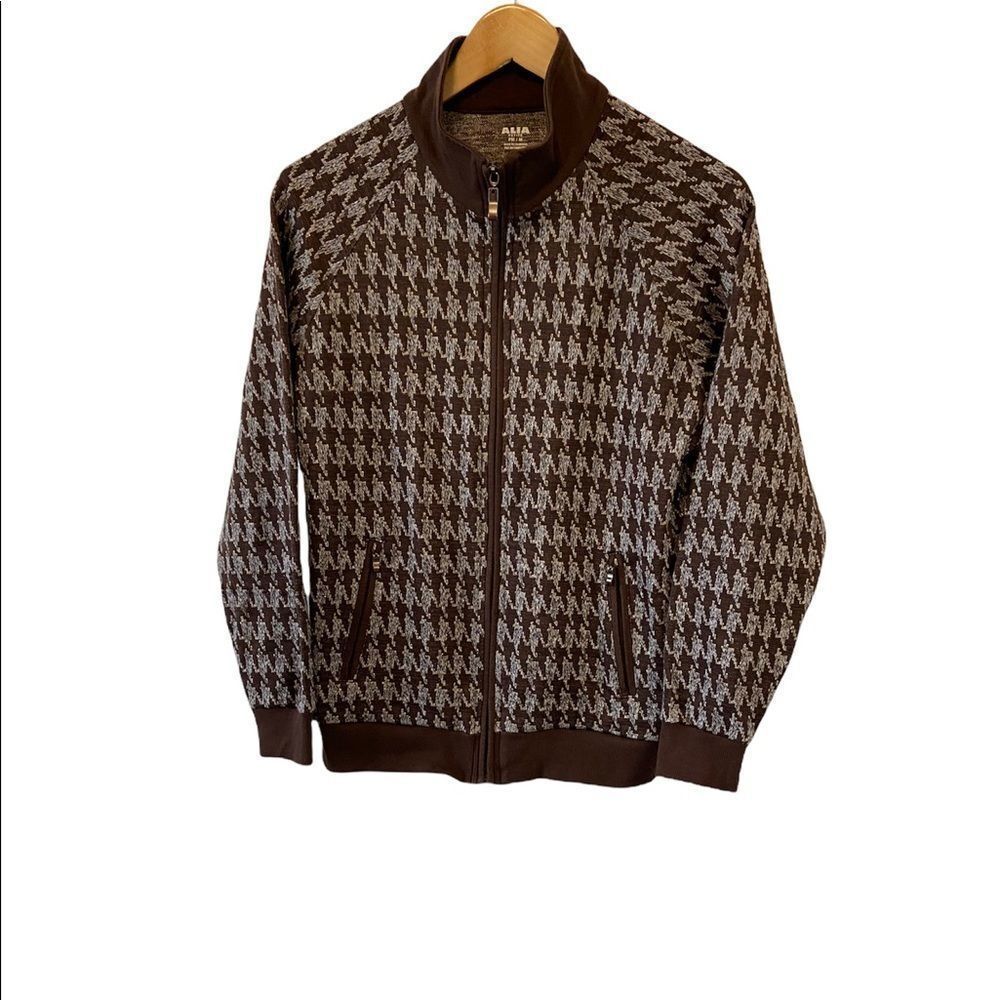 Petite Gingham Metallic Brown Zip Up High Collar Long Sleeve Lounge Sweatshirt